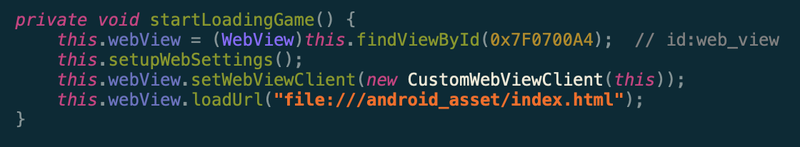 Extracted Java code loading the game from the Asset folder into a WebView container