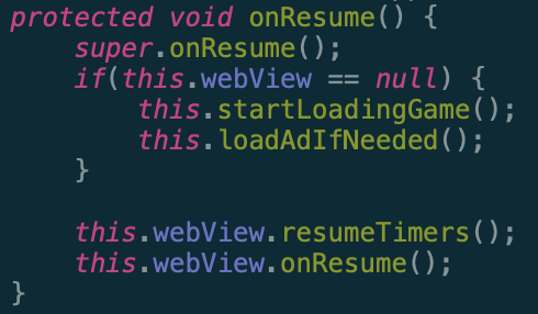 Extracted Java code configuring the application to load the game on resume