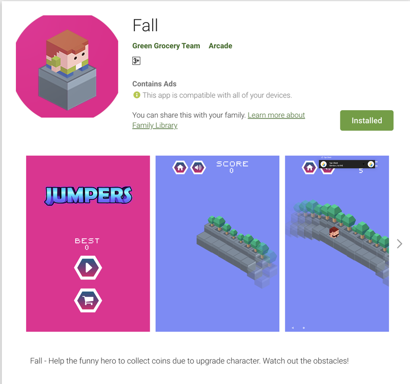 Google Play Store page with install information for the Fall mobile app